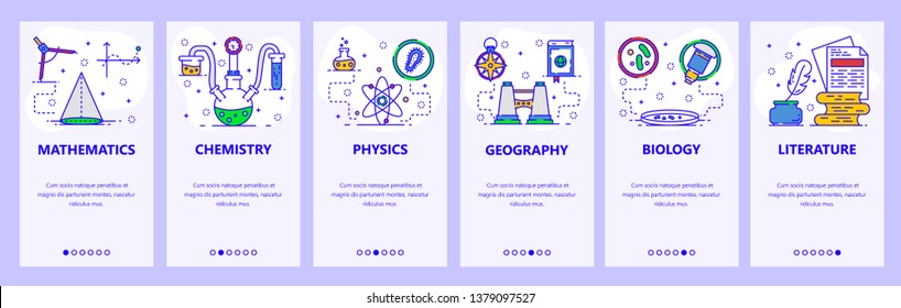 Mobile app onboarding screens. Science and school subjects, chemistry, math, physics, biology. Menu vector banner template for website and mobile development. Web site design flat illustration.