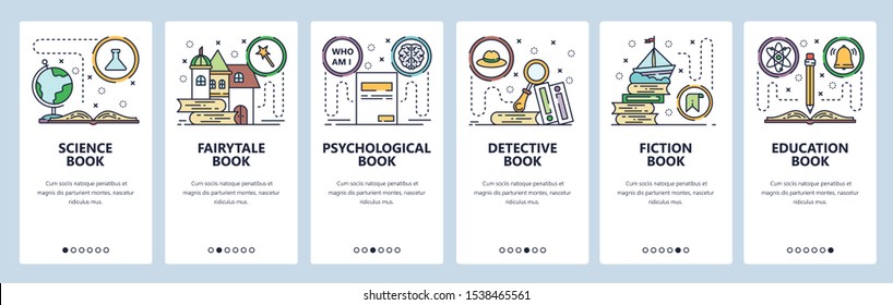 Mobile app onboarding screens. Science book, fairytale, detective, fiction and non-fiction books, education. Menu vector banner template for website and mobile development. Web site design flat