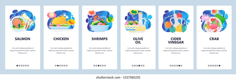 Mobile app onboarding screens. Seafood restaurant menu, lunch meal, salmon, crab, shrimps. Vector banner template for website and mobile development. Web site design flat illustration
