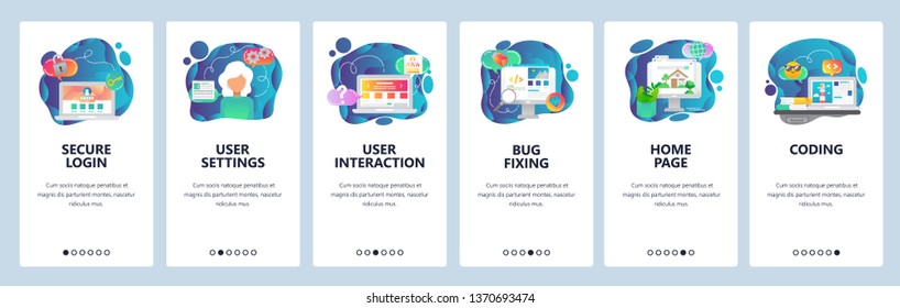 Mobile app onboarding screens. Secure login, website coding and software development. Menu vector banner template for website and mobile development. Web site design flat illustration