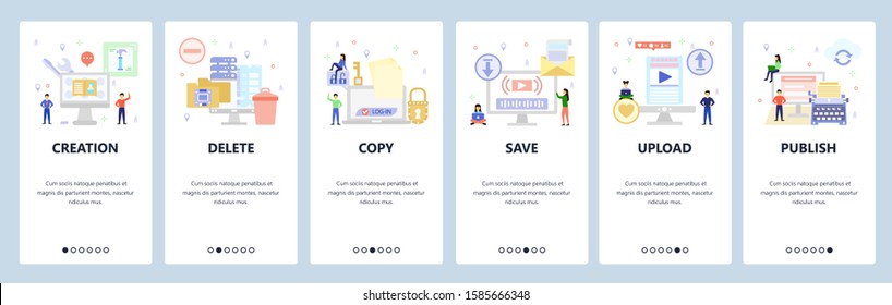 Mobile app onboarding screens. Secure file access, download and upload, typewriter, delete computer files. Menu vector banner template for website and mobile development. Web site design flat