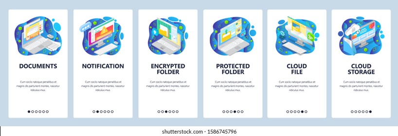 Mobile app onboarding screens. Secure cloud storage, encrypted folder, secure file access, documents, warning message. Menu vector banner template for website and mobile development. Web site design