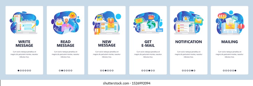 Mobile app onboarding screens. Send message, chat bot, new email notification, online cobtact. Menu vector banner template for website and mobile development. Web site design flat illustration.