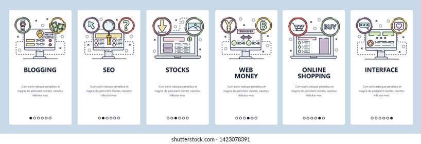 Mobile app onboarding screens. SEO and digital marketing, online shopping, web money. Menu vector banner template for website and mobile development. Web site design flat illustration.