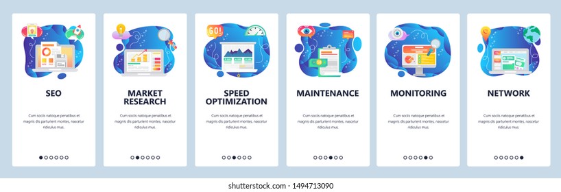 Mobile app onboarding screens. SEO, speed optimization and digital marketing. market research. Menu vector banner template for website and mobile development. Web site design flat illustration.