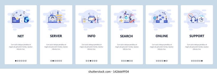 Mobile App-Onboarding-Bildschirme. Server, Suche, Menschen, Online-Nachrichten, Call Center. Menu Vektorbanner Vorlage für Website und mobile Entwicklung. Website-Design flache Illustration.