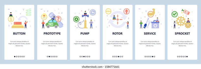 Mobile app onboarding screens. Service and repair icons, fix tools, pump, rotor. Menu vector banner template for website and mobile development. Web site design flat illustration.
