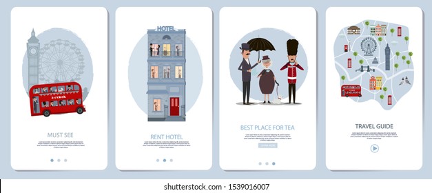 Mobile app onboarding screens set. London Travel guid, landmark, city map, rent hotel. Menu vector banner template for website and mobile development. Web site design flat illustration.