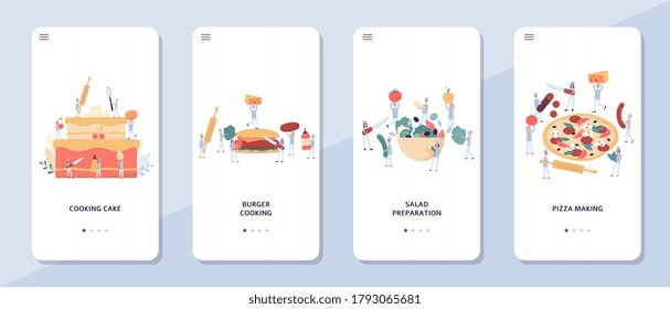 Mobile app onboarding screens set of food delivery for vegetarian and meat restaurants, pastry and pizzeria with tiny cartoon chefs, flat vector illustration.