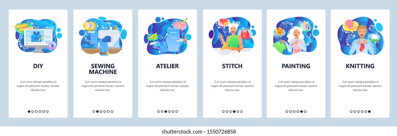 Mobile app onboarding screens. Sewing machine, painting, artist palette, knitting, atelier. Menu vector banner template for website and mobile development. Web site design flat illustration.