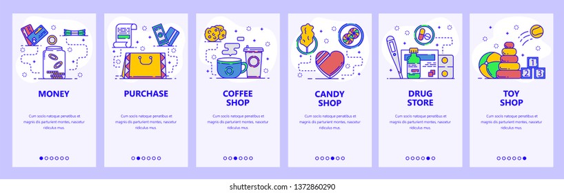 Mobile app onboarding screens. Shopping, retail, coffee shop, candy shop, pharmacy, kids store. Menu vector banner template for website and mobile development. Web site design flat illustration.