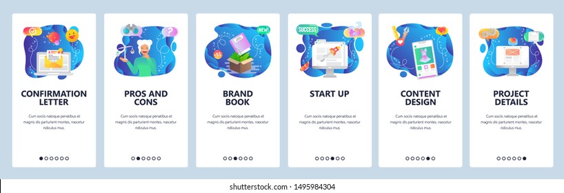 Mobile app onboarding screens. Site wireframe, launch business startup, email, pros and cons. Menu vector banner template for website and mobile development. Web site design flat illustration.