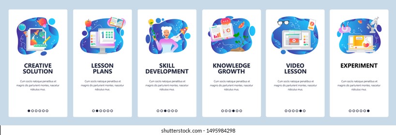 Mobile app onboarding screens. Skill development, video lessons, online education, schedule. Menu vector banner template for website and mobile development. Web site design flat illustration.