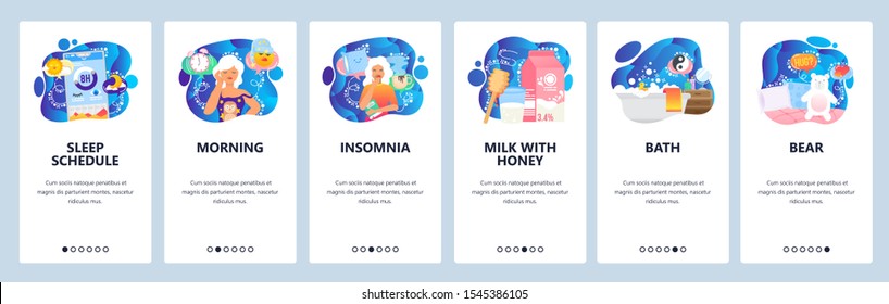Mobile app onboarding screens. Sleeping problems, insomnia, evening bath, bear, morning, sleep time. Menu vector banner template for website and mobile development. Web site design flat illustration.