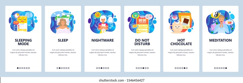 Mobile app onboarding screens. Sleeping mode, nightmare, do not disturb, hot chocolate drink, meditation. Menu vector banner template for website and mobile development. Web site design flat