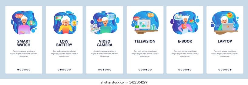 Mobile app onboarding screens. Smart watch, mobile technology, low battery, video camera and tv set. Menu vector banner template for website and mobile development. Web site design flat illustration.