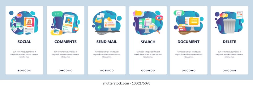 Mobile app onboarding screens. Social media network, photo sharing and computer services. Menu vector banner template for website and mobile development. Web site design flat illustration svg