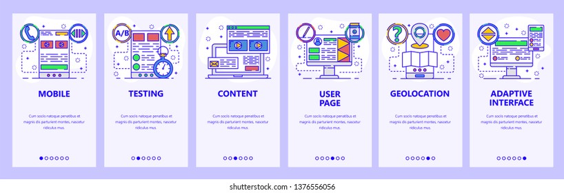 Mobile app onboarding screens. Software development, testing, website content. Menu vector banner template for website and mobile development. Web site design flat illustration.