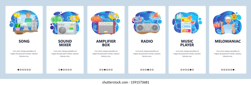 Mobile app onboarding screens. Sound and audio equipment, mixer, amplifier, cassette recorder, music player. Menu vector banner template for website and mobile development. Web site design flat