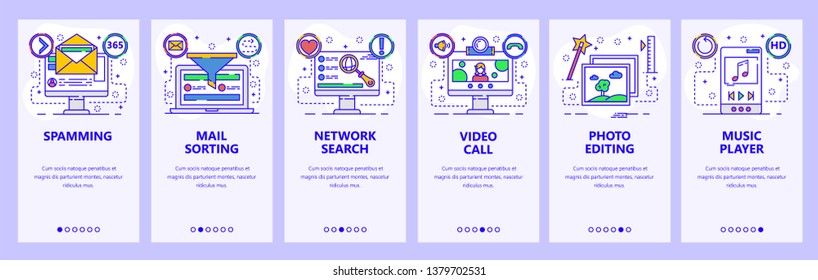 Mobile app onboarding screens. Spam, email, video call, photo editor, music player. Menu vector banner template for website and mobile development. Web site design flat illustration