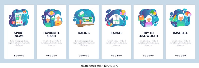 Mobile app onboarding screens. Sport game online broadcast on mobile phone. Karate, baseball, racing. Menu vector banner template for website and mobile development. Web site design flat illustration.