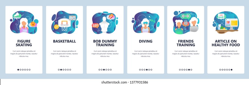 Mobile app onboarding screens. Sport and healthy lifestyle. Figure skating, basketball, diving, diet, fitness. Menu vector banner template for website and mobile development. Web site illustration.