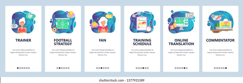 Mobile app onboarding screens. Sport game trainer, football strategy, sport fan and commentator. Menu vector banner template for website and mobile development. Web site design flat illustration.