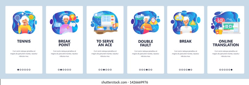 Mobile app onboarding screens. Sport icons, tennis racket, break point. Menu vector banner template for website and mobile development. Web site design flat illustration.