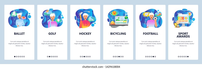 Mobile app onboarding screens. Sport players, ballet, football, golf, ice hockey. Menu vector banner template for website and mobile development. Web site design flat illustration.