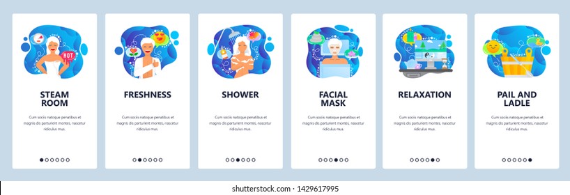 Mobile app onboarding screens. Steam sauna, shower, facial mask, relax and zen. Menu vector banner template for website and mobile development. Web site design flat illustration.