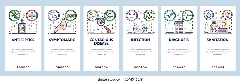 Mobile app onboarding screens. Stomach pain, health problems, disease, kidney infection, antiseptic. Menu vector banner template for website and mobile development. Web site design flat illustration.