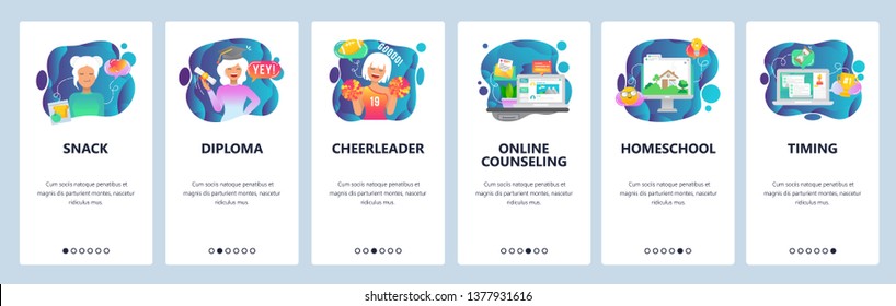 Mobile app onboarding screens. Student graduation, cheerleader, online education, home school. Menu vector banner template for website and mobile development. Web site design flat illustration.