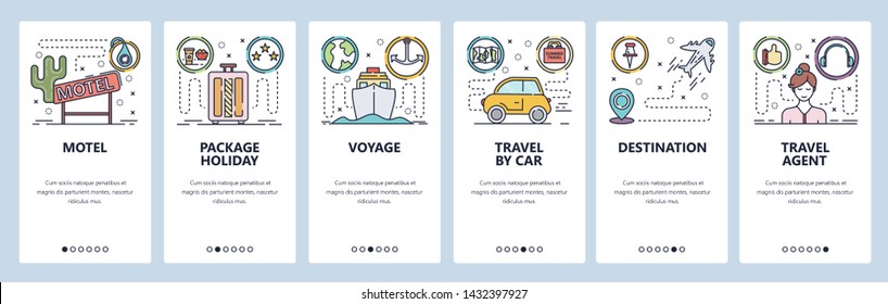 Mobile app onboarding screens. Summer vacation, travel by car, sea cruise, tour package, motel sign. Menu vector banner template for website and mobile development. Web site design flat illustration.