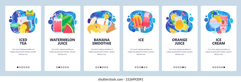 Mobile app onboarding screens. Summer drinks, iced tea, fruit smoothie, orange juice, ice cream. Menu vector banner template for website and mobile development. Web site design flat illustration.