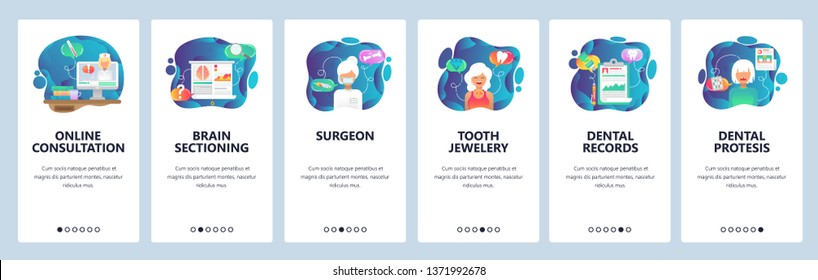 Mobile app onboarding screens. Surgeon doctor, online medical help, dental records . Menu vector banner template for website and mobile development. Web site design flat illustration.