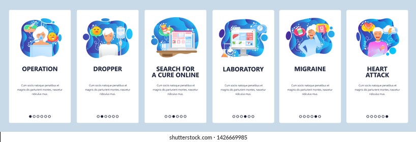 Mobile app onboarding screens. Surgery doctor, patient anesthesia, hospital laboratory, heart attack. Menu vector banner template for website and mobile development. Web site design flat illustration.