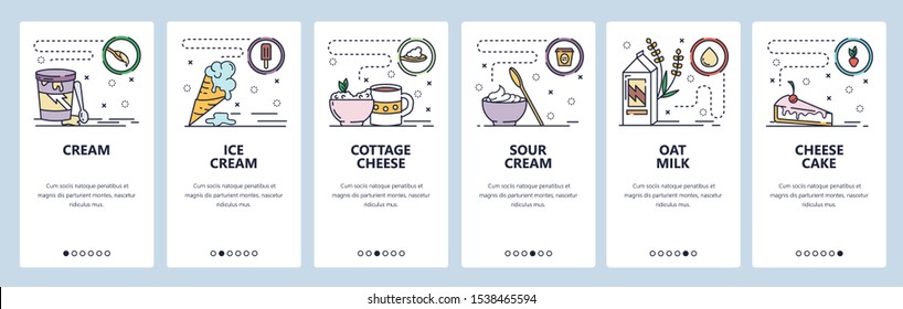 Mobile app onboarding screens. Sweet food, ice cream, oat milk, dairy products, cheese cake. Menu vector banner template for website and mobile development. Web site design flat illustration.