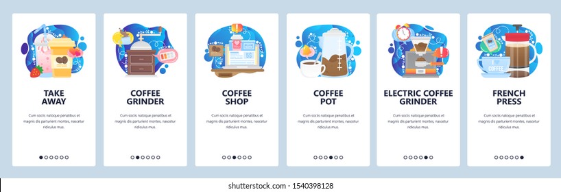 Mobile app onboarding screens. Take away coffee cup, french press, coffee grinder. Menu vector banner template for website and mobile development. Web site design flat illustration.