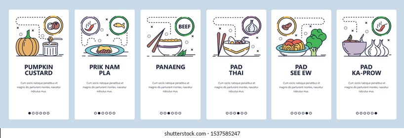 Mobile app onboarding screens. Thai spicy cuisine, food menu, pad thai, panaeng, sauce, rice. Vector banner template for website and mobile development. Web site design flat illustration.