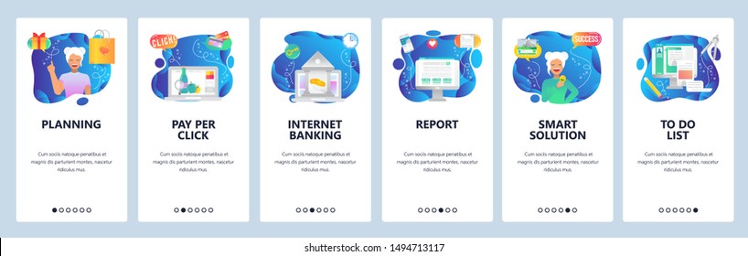 Mobile app onboarding screens. Todo list, smart solution, online banking, computer report. Menu vector banner template for website and mobile development. Web site design flat illustration.