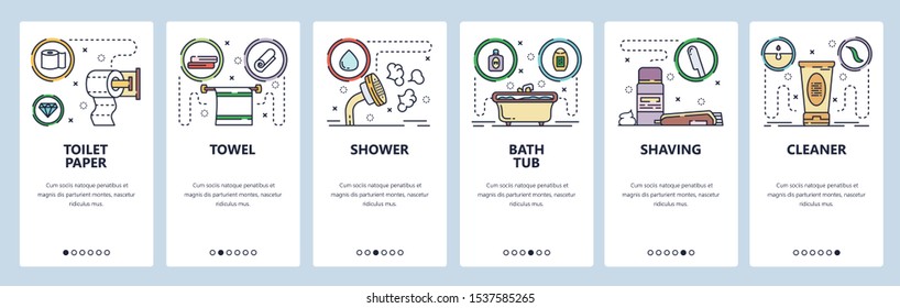 Mobile app onboarding screens. Toilet and bathroom accessories, paper, shower, bath tub, shaving. Menu vector banner template for website and mobile development. Web site design flat illustration.