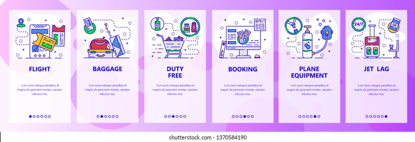 Mobile app onboarding screens. Travel by plane, booking flight tickets, baggage and duty free store. Menu vector banner template for website and mobile development. Web site design flat illustration.