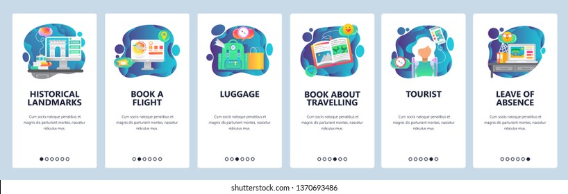 Mobile app onboarding screens. Travel, book flight, backpacking, tourist . Menu vector banner template for website and mobile development. Web site design flat illustration. 