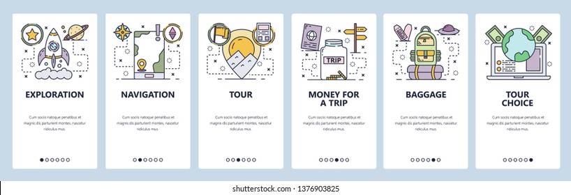 Mobile app onboarding screens. Travel and backpacking, explore, navigation map. Menu vector banner template for website and mobile development. Web site design flat illustration.