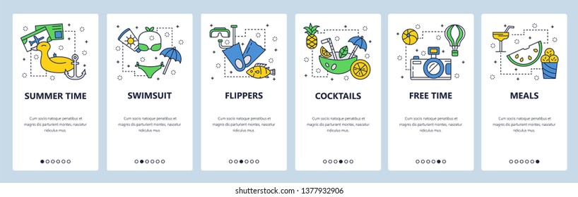 Mobile app onboarding screens. Travel, vacation and beach holiday icons. Swiming, diving, cocktails. Menu vector banner template for website and mobile development. Web site design flat illustration.
