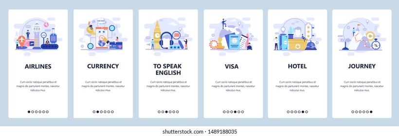 Mobile app onboarding screens. Travel icons, visa, passport, airport and currency exchange. Menu vector banner template for website and mobile development. Web site design flat illustration.