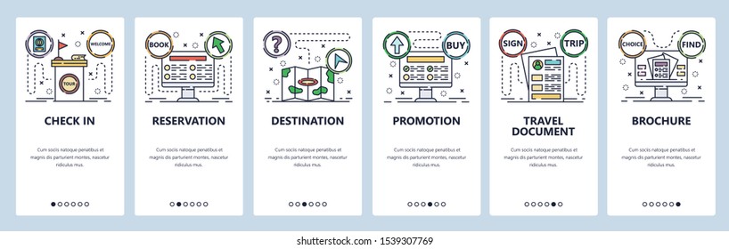 Mobile app onboarding screens. Travel documents, book a tour, buy online. Menu vector banner template for website and mobile development. Web site design flat illustration.