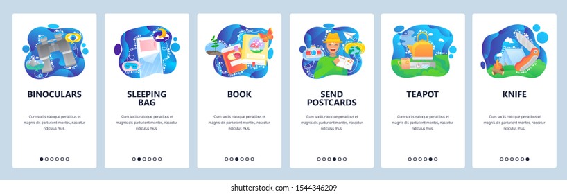 Mobile app onboarding screens. Travel and outdoor camping, sleeping bag, binoculars, teapot, knife, tent. Menu vector banner template for website and mobile development. Web site design flat