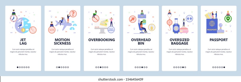 Mobile app onboarding screens. Travel by airplane, jetlag, flight booking, passport, baggage. Menu vector banner template for website and mobile development. Web site design flat illustration.