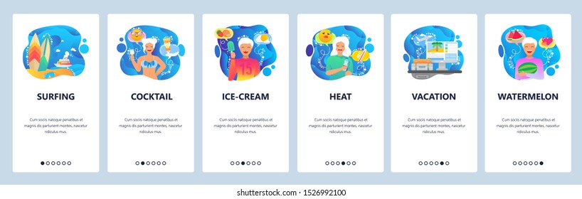 Mobile app onboarding screens. Tropical vacation, surfing and cocktail on a beach. Menu vector banner template for website and mobile development. Web site design flat illustration.